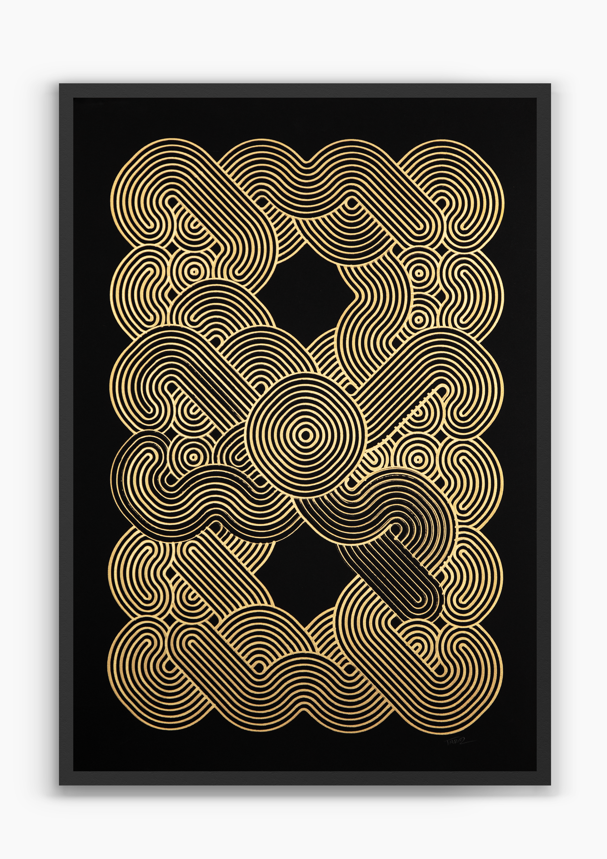 Kraken Gold, gold ink pen plotter artwork on black paper, A2