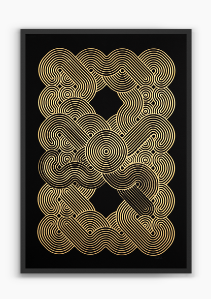 Kraken Gold, gold ink pen plotter artwork on black paper, A2