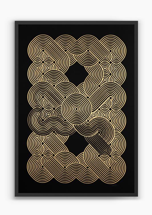 Kraken Gold, gold ink pen plotter artwork on black paper, A2
