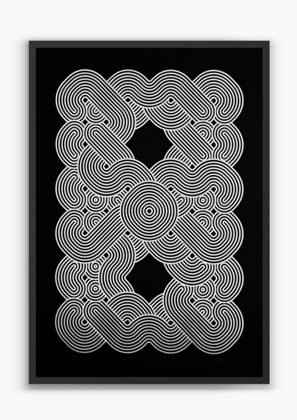 Kraken Chromed, chrome ink pen plotter artwork on black paper, A2