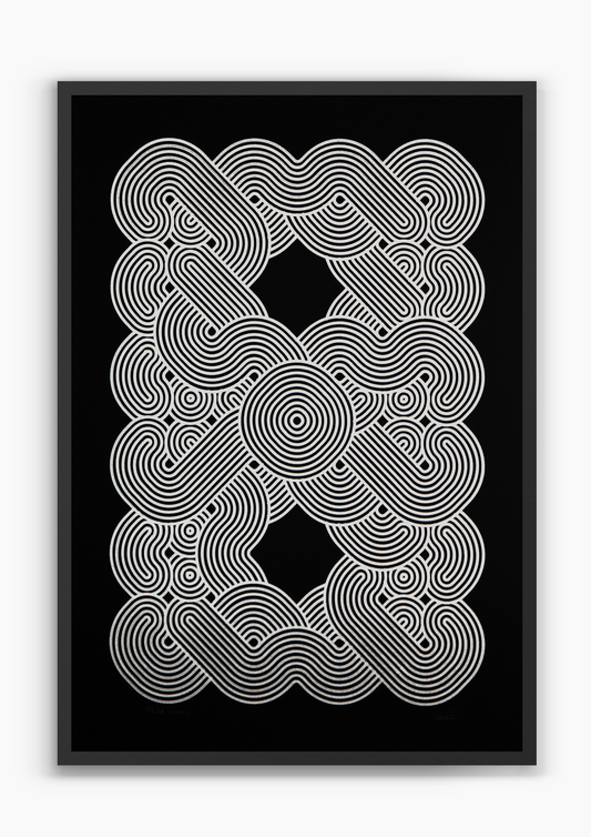 Kraken Chromed, chrome ink pen plotter artwork on black paper, A2