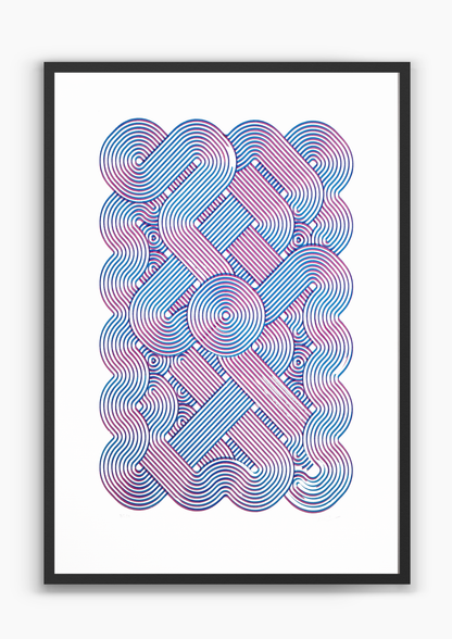 Octopus, ultramarine and magenta pen plotter artwork on white paper, A2