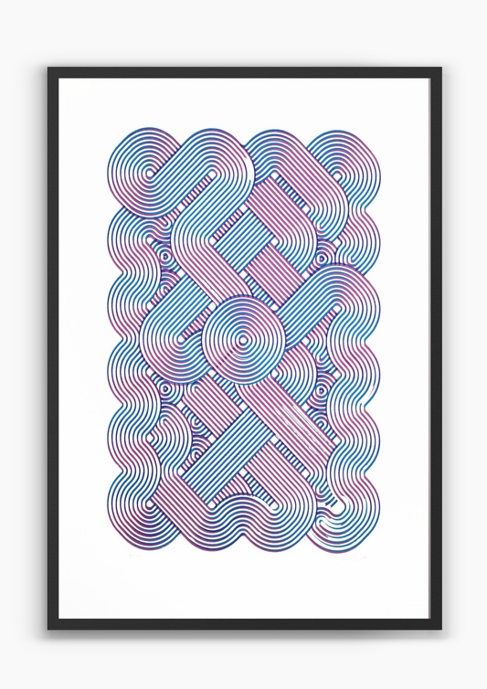 Octopus, ultramarine and magenta pen plotter artwork on white paper, A2