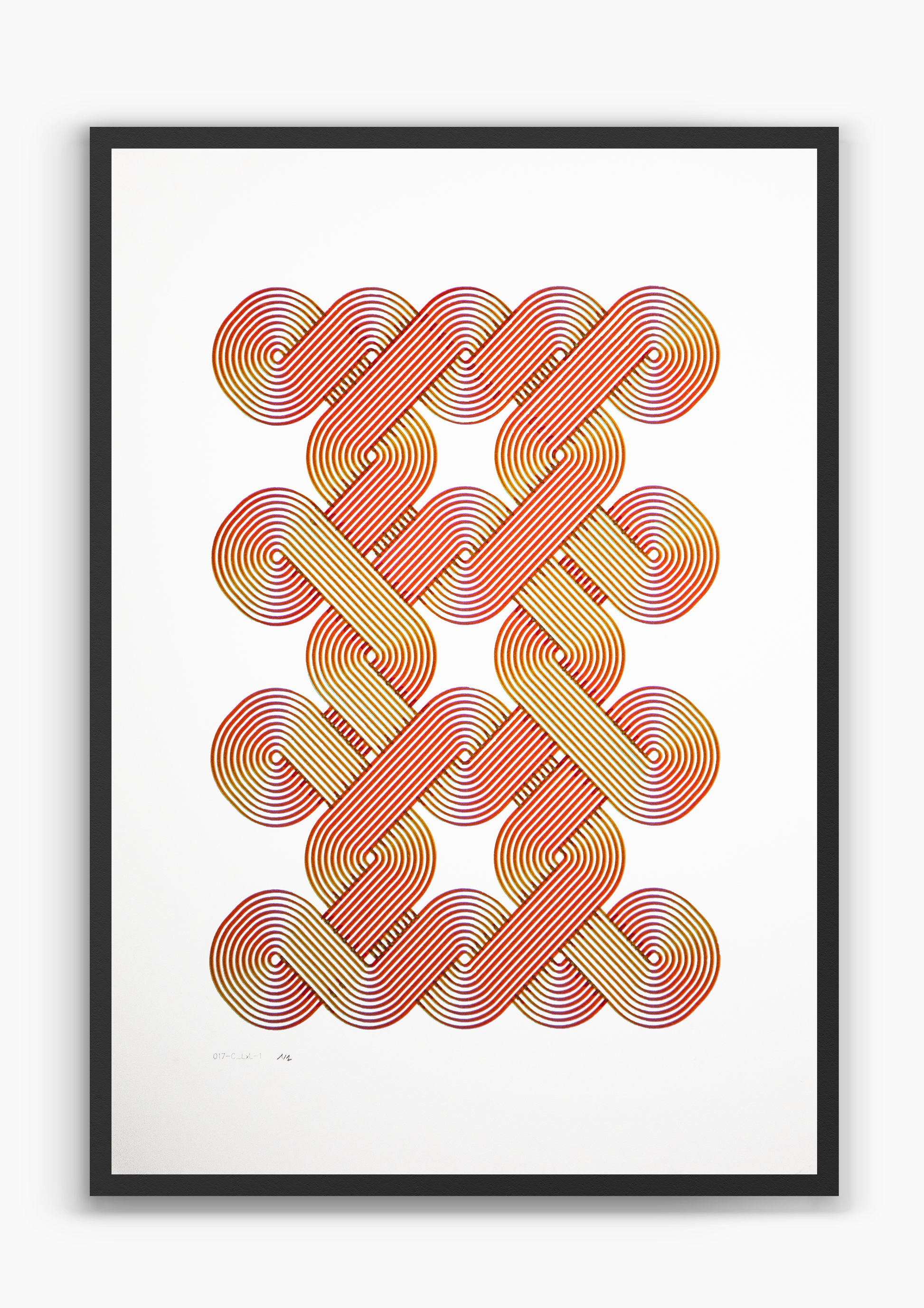 Solenoid Orange, magenta and orange pen plotter artwork on white paper, A2