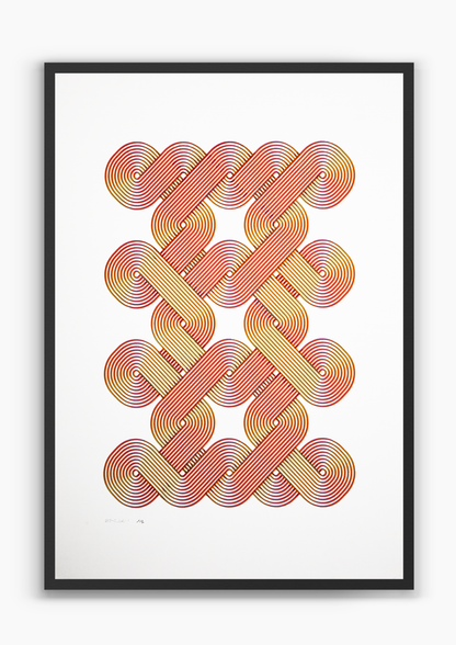 Solenoid Orange, magenta and orange pen plotter artwork on white paper, A2