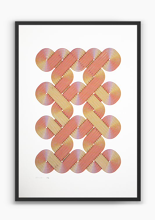 Solenoid Orange, magenta and orange pen plotter artwork on white paper, A2